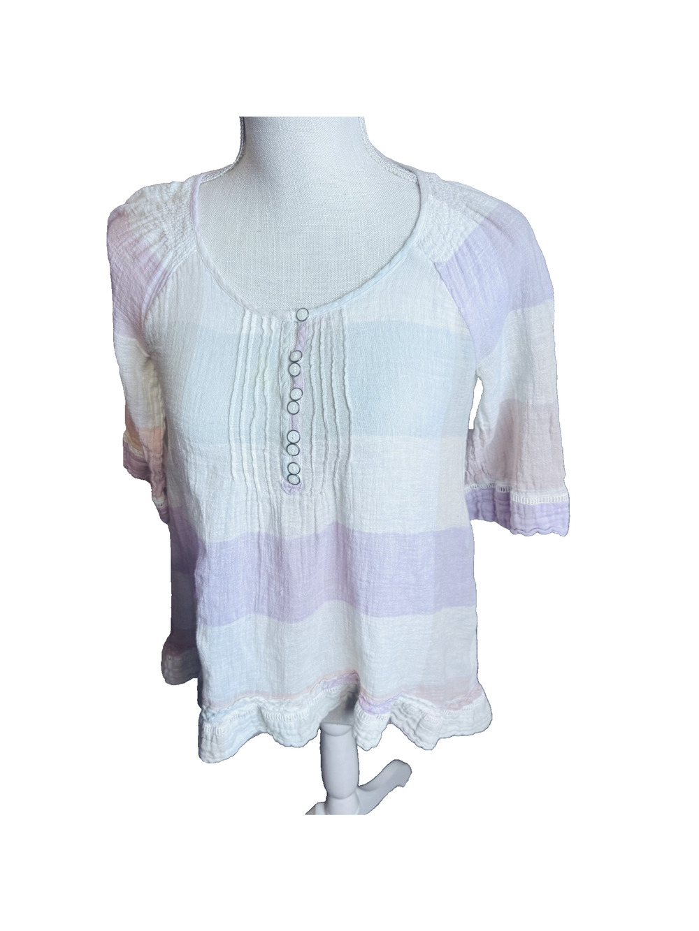 Anthropologie Mermaid Linen Cotton Peasant Top Pastel check ruffle trim XS